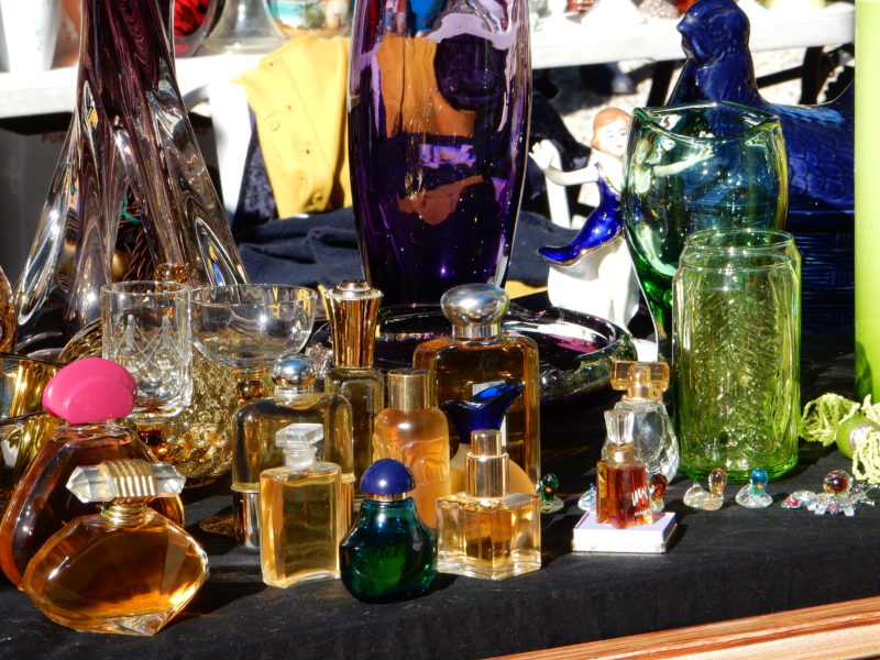 Bottles of perfume, glass colour and shine.